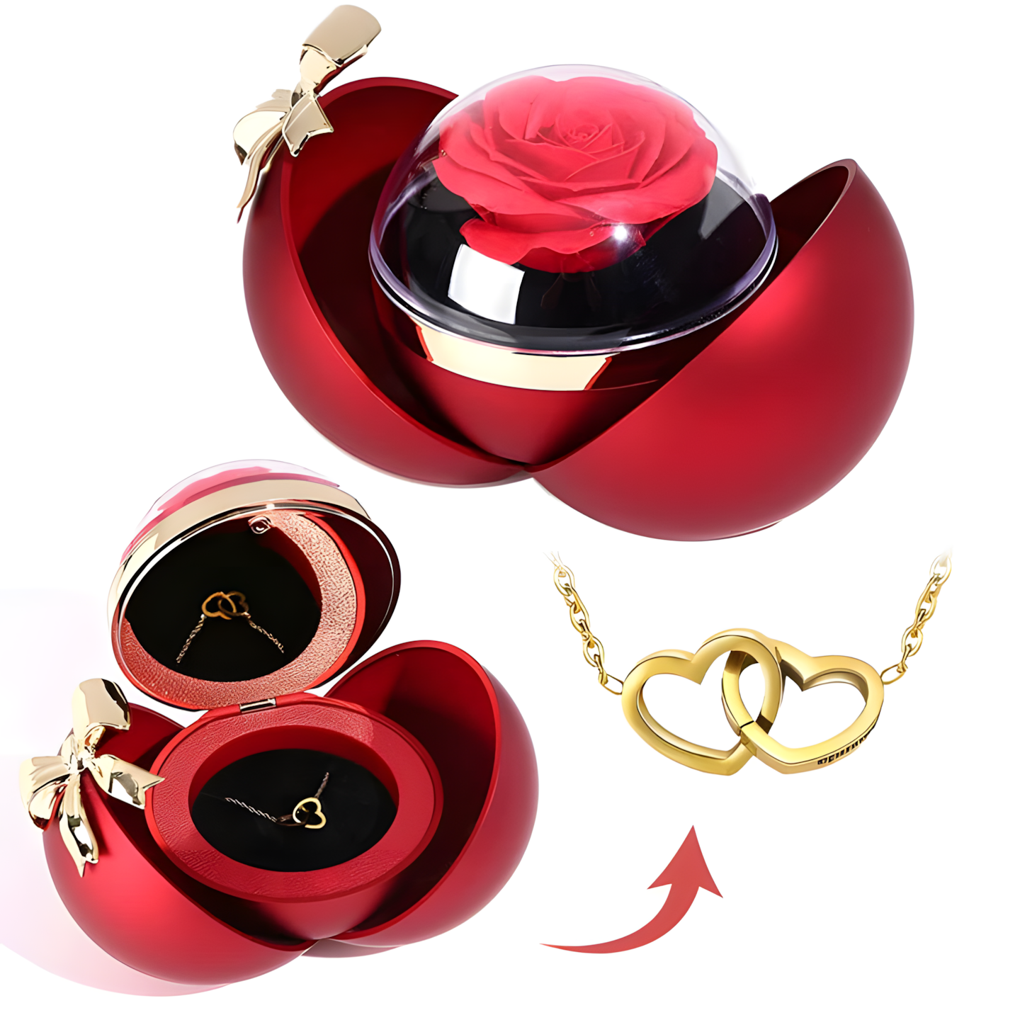 Coffret Rose Éternelle – Collier Double Cœur Gravé